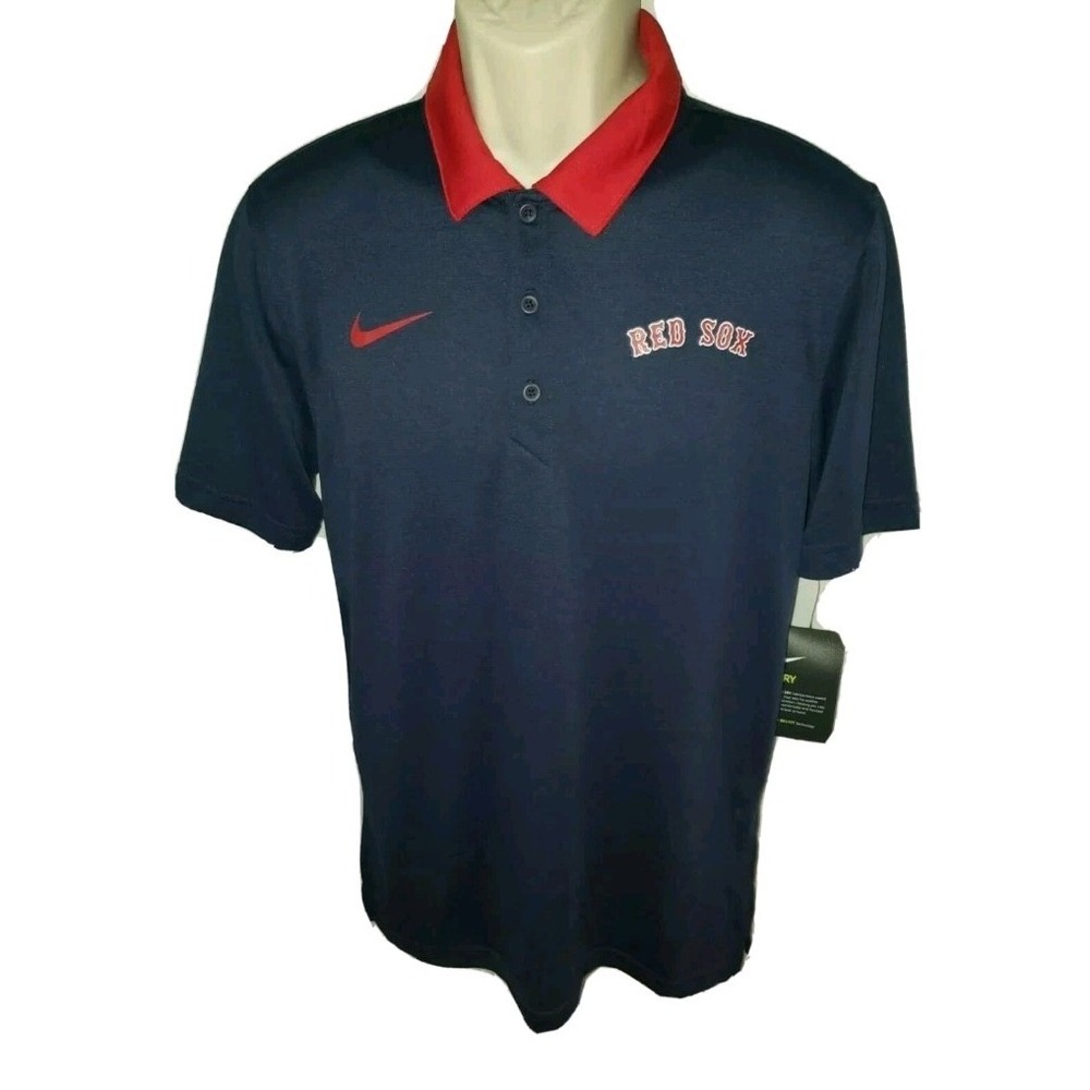 NIKE DRI-FIT BOSTON RED SOX MEN'S S POLO SHIRT NAVY W/ RED‎ COLLAR GRAPHIC LOGO